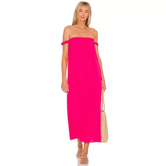 BB DAKOTA Steve Madden Guava Juice Dress Pink Glo Fuchsia Off Shoulder Maxi SZ S - Picture 1 of 3